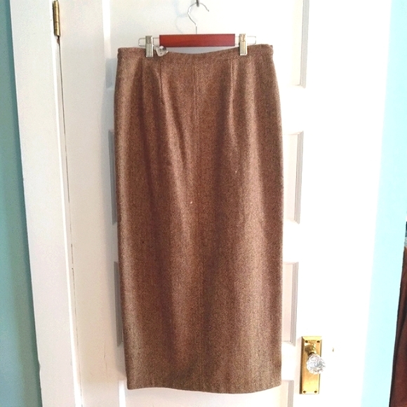 VTG 90s JCrew button-down Herringbone wool brown tweed skirt - m - Picture 2 of 6